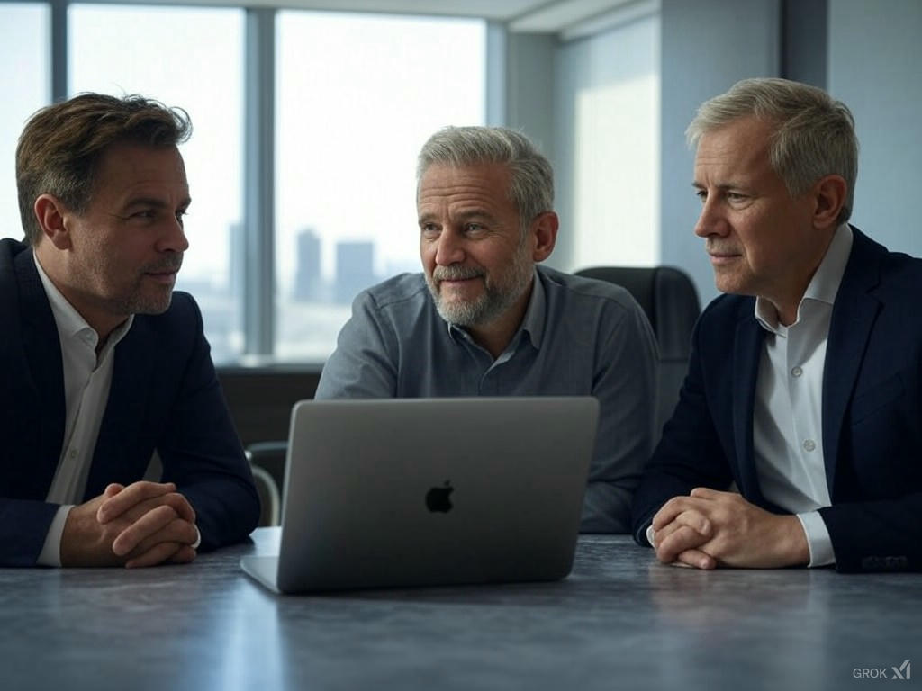 Three colleagues reviewing work on a laptop